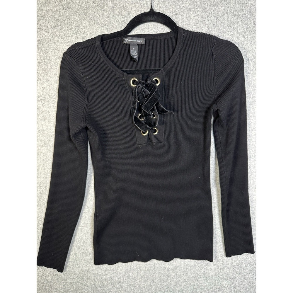 Y2K‎ INC Medium Womens Sweater Top Fitted Tie Neckline Black Long Sleeve Slim